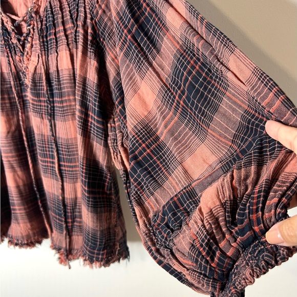 Free People We the Free Peasant Top Plaid Balloon Long Sleeve Tie Front SZ S EUC - Picture 4 of 10